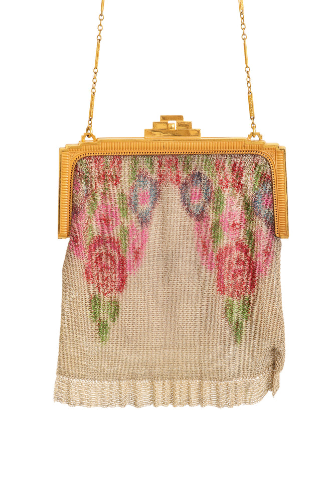 Vintage Whiting & Davis Gold Ribbed Frame Rose Mesh Bag close @ Recess LA