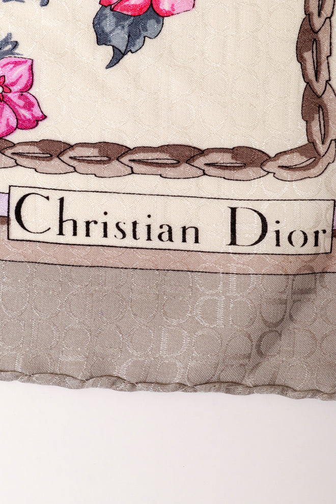 Large silk floral arrangement peacock print scarf by Dior  logo signature @ Recess LA