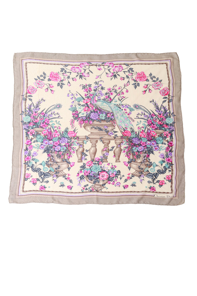 Large silk floral arrangement peacock print scarf by Dior @ Recess LA