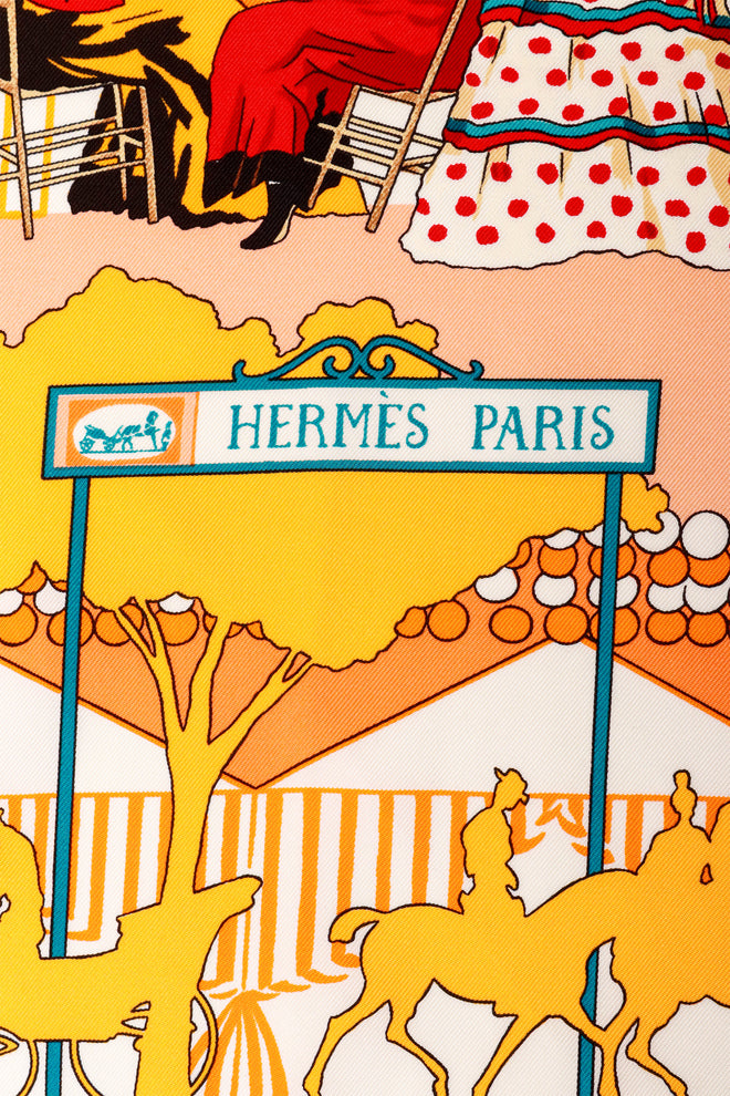 Large silk Feria de Sevilla celebration print scarf by Hermés Signature logo  @ Recess LA