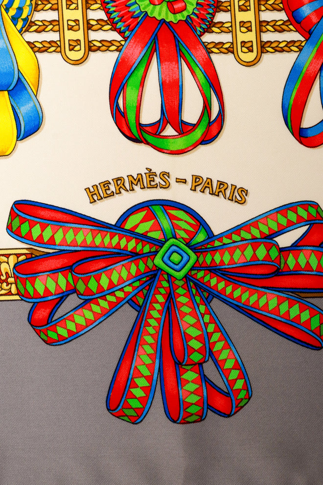 Large silk Les Rubans de Cheval print scarf by Hermés logo signature @ Recess LA