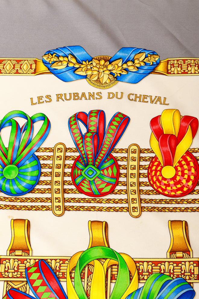 Large silk Les Rubans de Cheval print scarf by Hermés Les Rubans Du Cheval text @ Recess LA