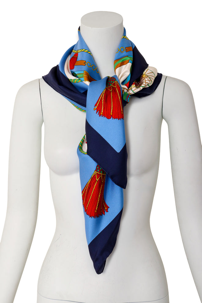 Horse and Carriage Tassel Radial Print Silk Scarf on mannequin @ Recess LA