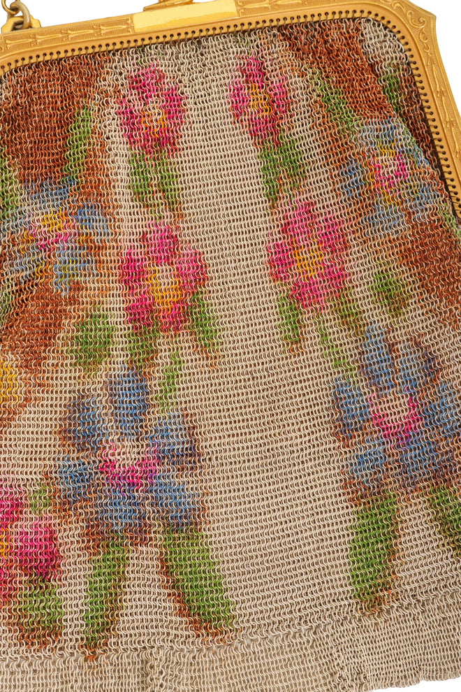Vintage Whiting & Davis Gold Filigree Floral Mini Mesh Bag print close @ Recess LA