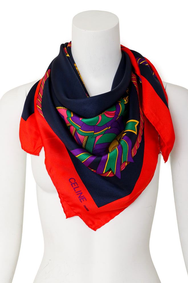 Large silk medal ribbon rope chain silk scarf by Celine on mannequin @ Recess LA