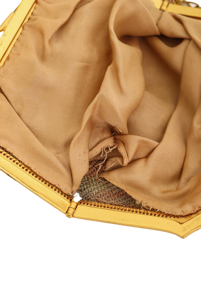 Vintage Whiting & Davis Gold Filigree Floral Mini Mesh Bag lining wear @ Recess LA