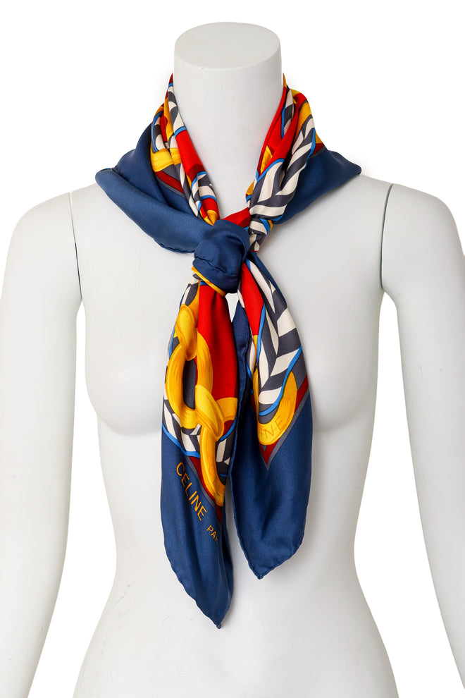 Large silk striped ribbon chain print scarf by Celine on mannequin @ Recess LA
