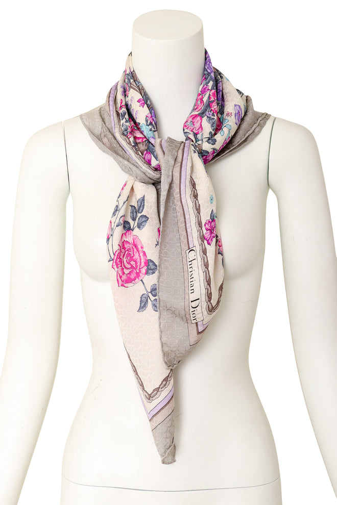 Large silk floral arrangement peacock print scarf by Dior on mannequin @ Recess LA