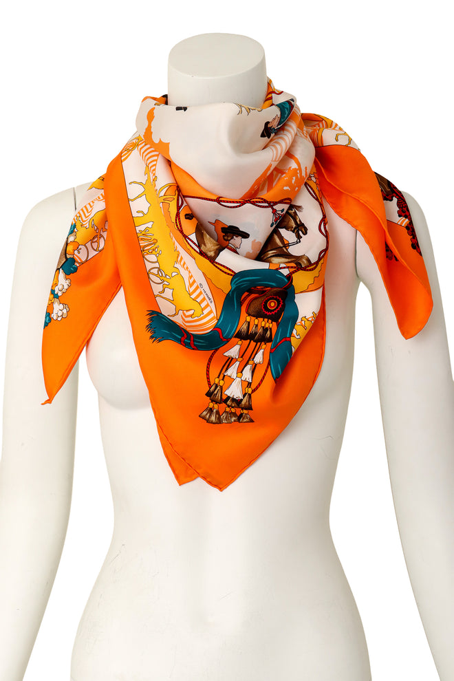 Large silk Feria de Sevilla celebration print scarf by Hermés on mannequin @ Recess LA