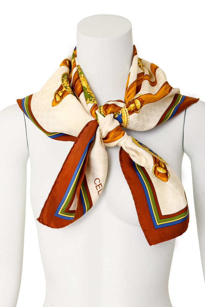 Large silk horse ornament print scarf by Celine on mannequin @ Recess LA