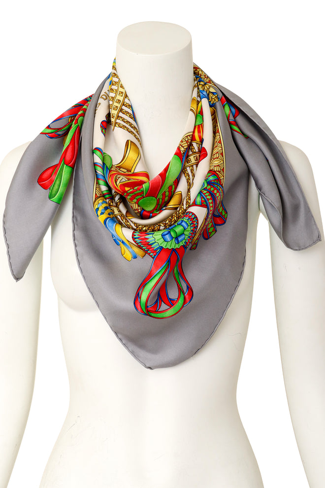 Large silk Les Rubans de Cheval print scarf by Hermés on mannequin @ Recess LA
