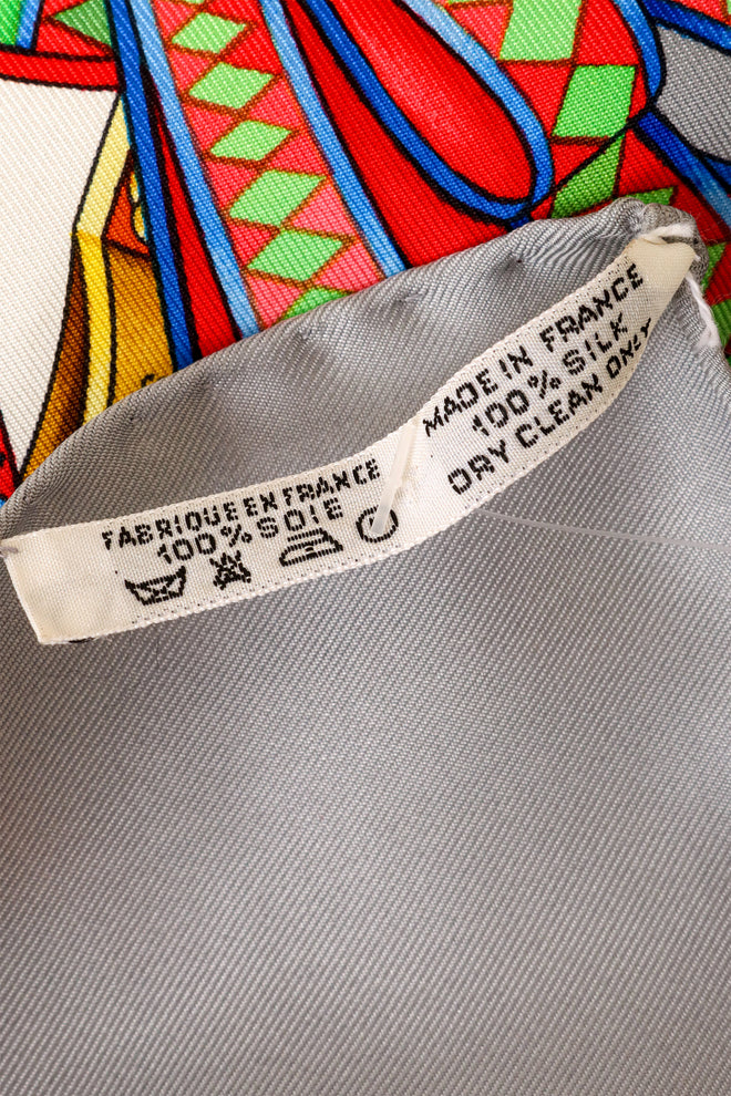 Large silk Les Rubans de Cheval print scarf by Hermés materials care tag @ Recess LA