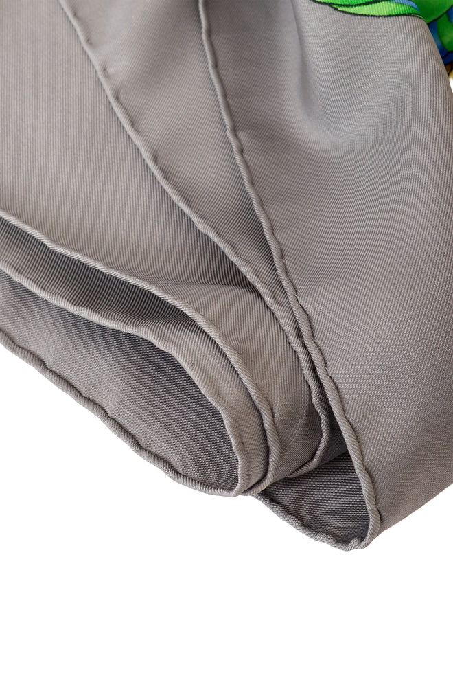 Large silk Les Rubans de Cheval print scarf by Hermés hem stitching  @ Recess LA
