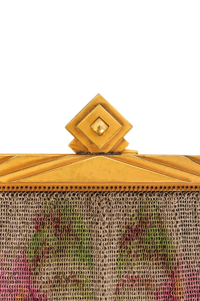 Vintage Whiting & Davis Gold Geo Frame Floral Mesh Bag clasp close @ Recess LA