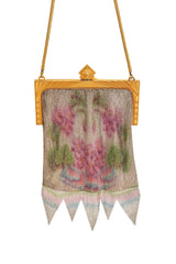 Vintage Whiting & Davis Gold Geo Frame Floral Mesh Bag close @ Recess LA