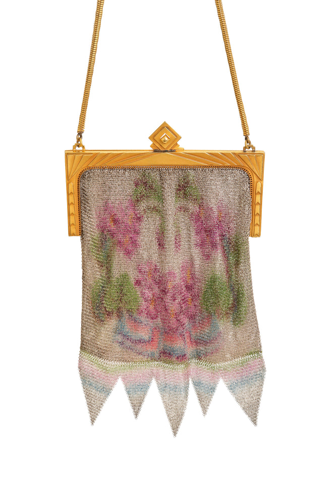 Vintage Whiting & Davis Gold Geo Frame Floral Mesh Bag close @ Recess LA