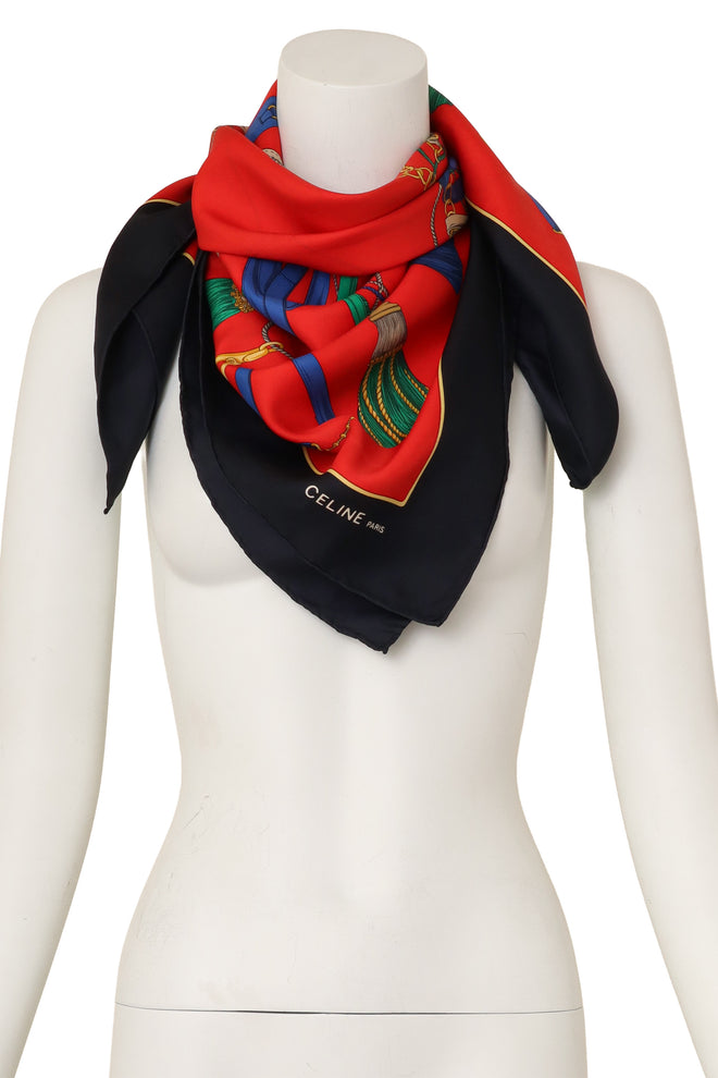 Large silk tassel and chain radial print scarf by Celine on mannequin @ Recess LA