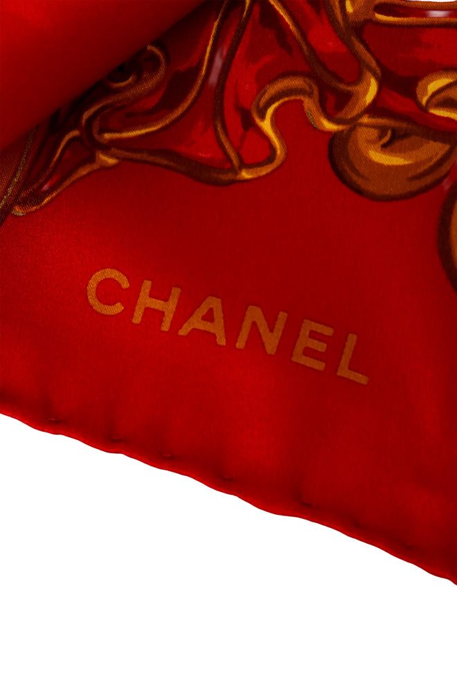 Large silk golden wheat filigree print scarf by Chanel logo signature  @ Recess LA