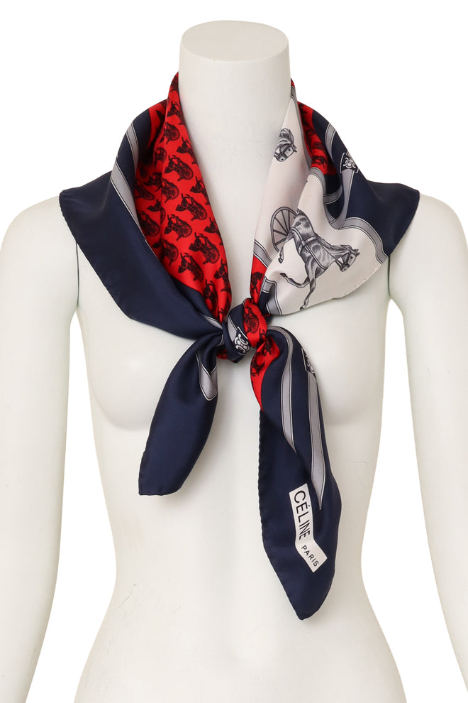 Large silk horse and carriage print scarf by Celine on mannequin @ Recess LA