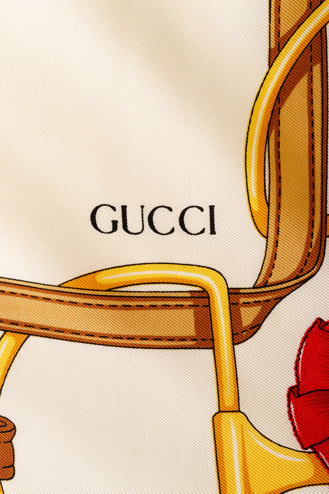Large silk saddle ribbon patterned scarf by Gucci logo signature @ Recess LA