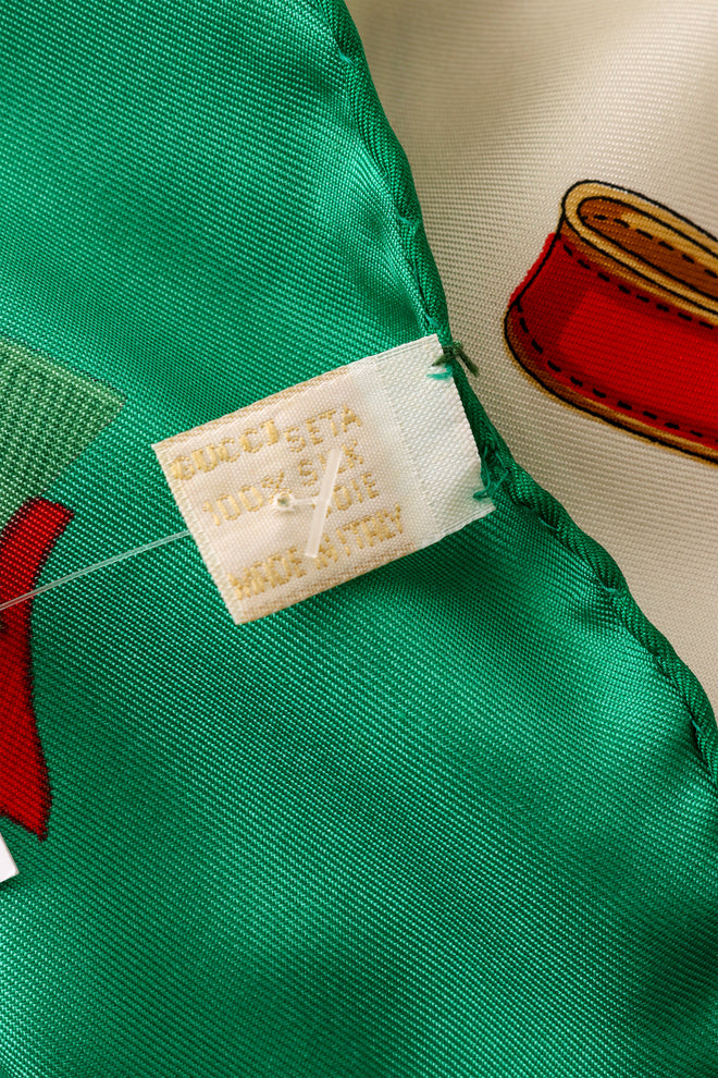 Large silk saddle ribbon patterned scarf by Gucci material care tag @ Recess LA