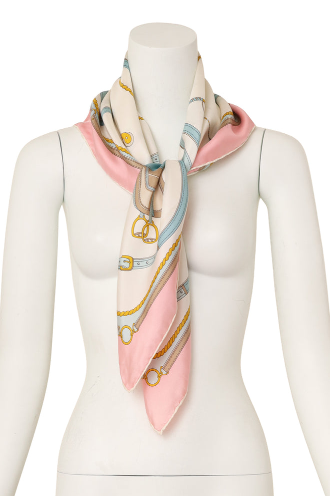 Large pastel jockey print silk scarf by Celine on mannequin @ Recess LA