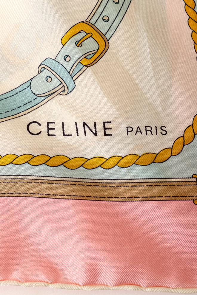 Large pastel jockey print silk scarf by Celine logo signature  @ Recess LA