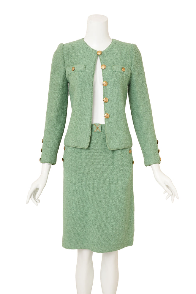 Vintage Adolfo Chain Bouclé Knit Skirt Suit Set on mannequin @ Recess LA