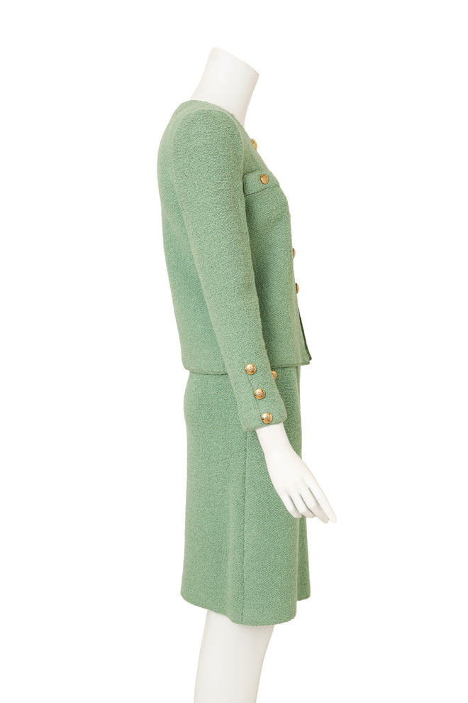 Vintage Adolfo Chain Bouclé Knit Skirt Suit Set on mannequin side @ Recess LA