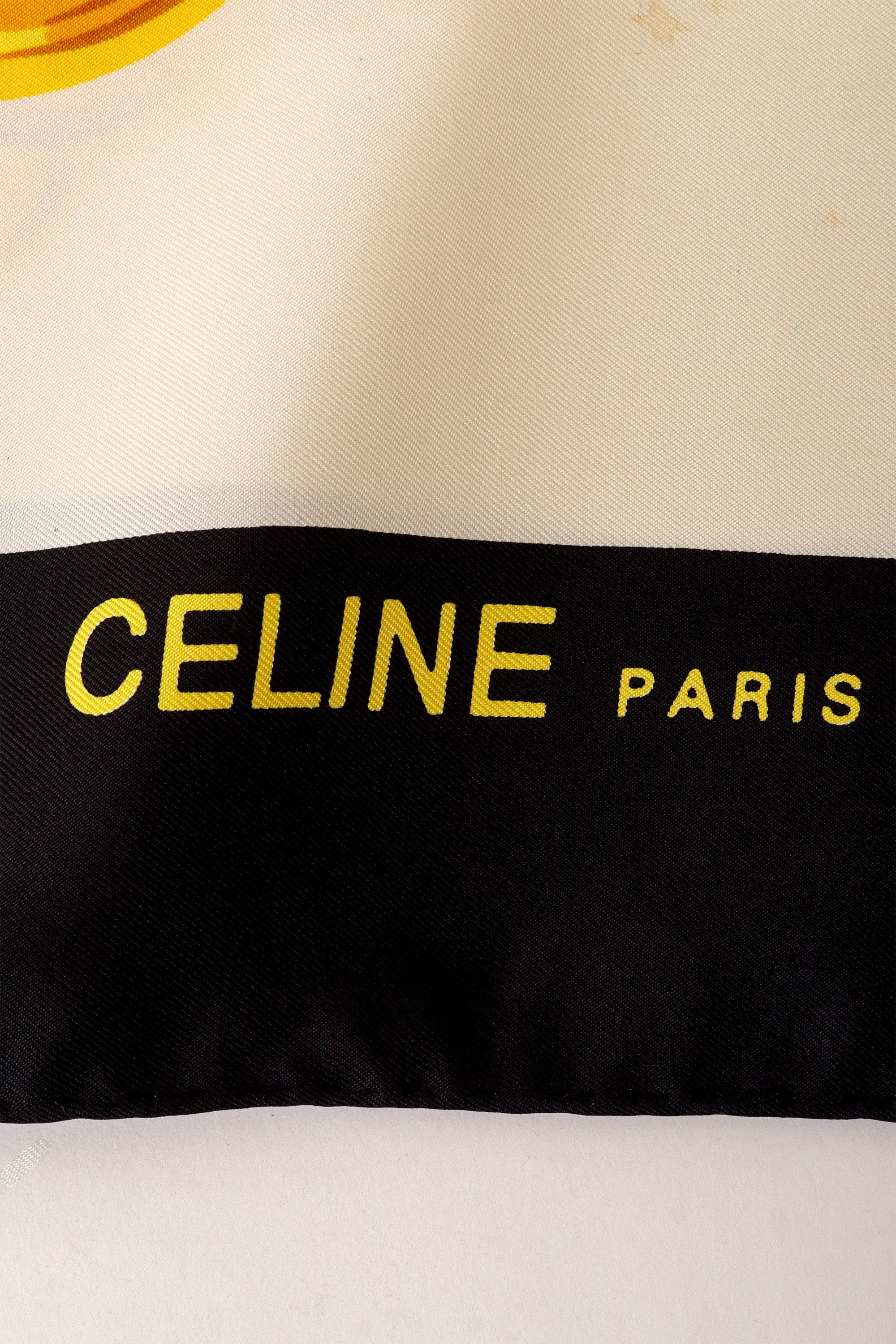 Large silk golden spur ribbon and chain scarf by Celine logo signature @ Recess LA