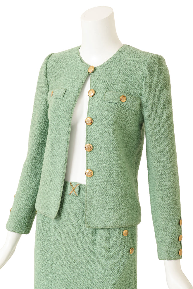 Vintage Adolfo Chain Bouclé Knit Skirt Suit Set on mannequin close @ Recess LA
