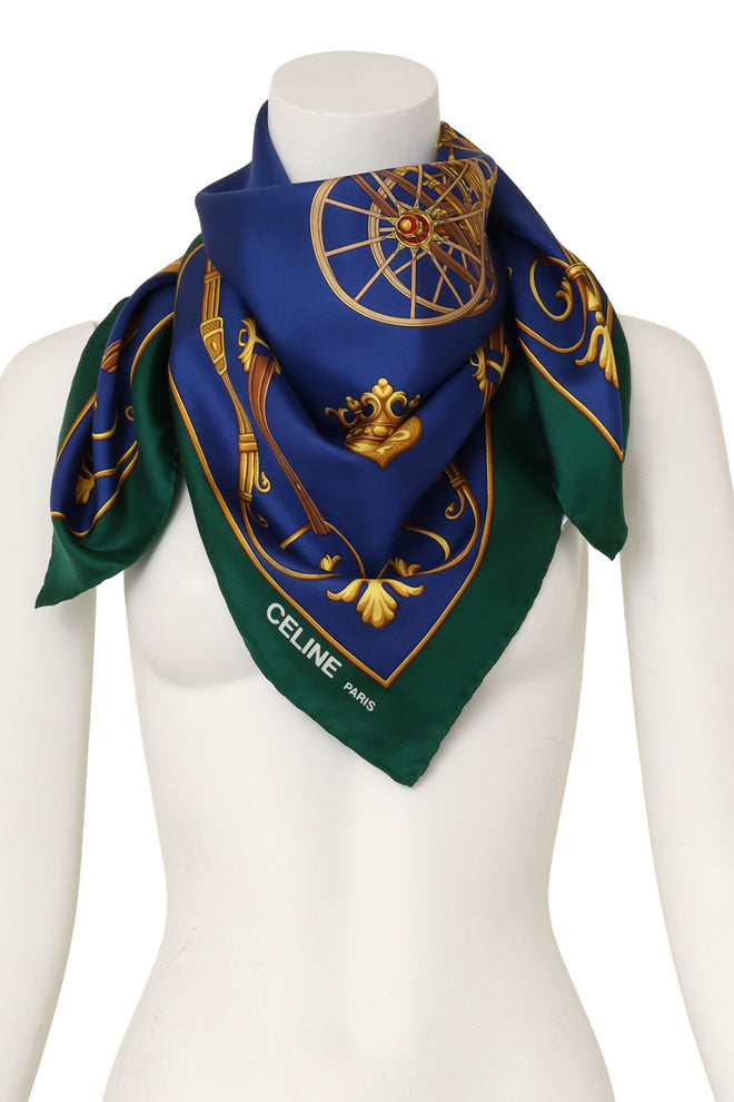 Large silk carriage and crown print scarf by Celine on mannequin @ Recess LA