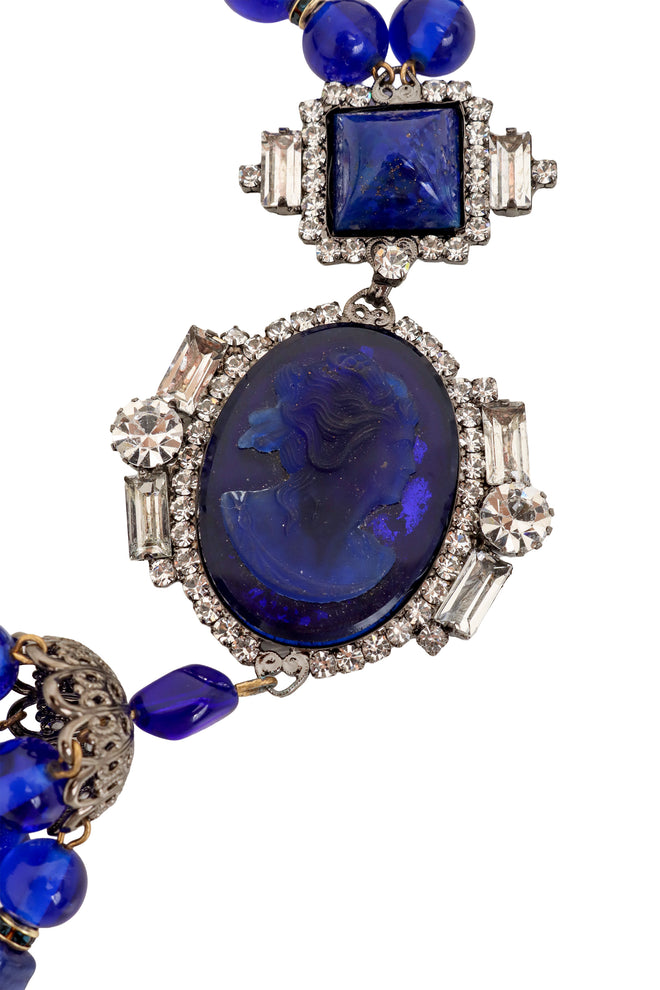Cobalt Beaded Cameo Necklace by Moans cameo close @ Recess LA