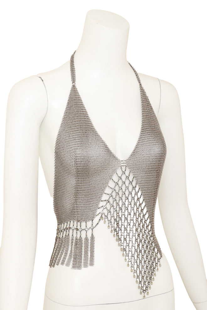 Vintage Ferrara Bead Lattice Chainmail Halter Top on mannequin close @ Recess LA
