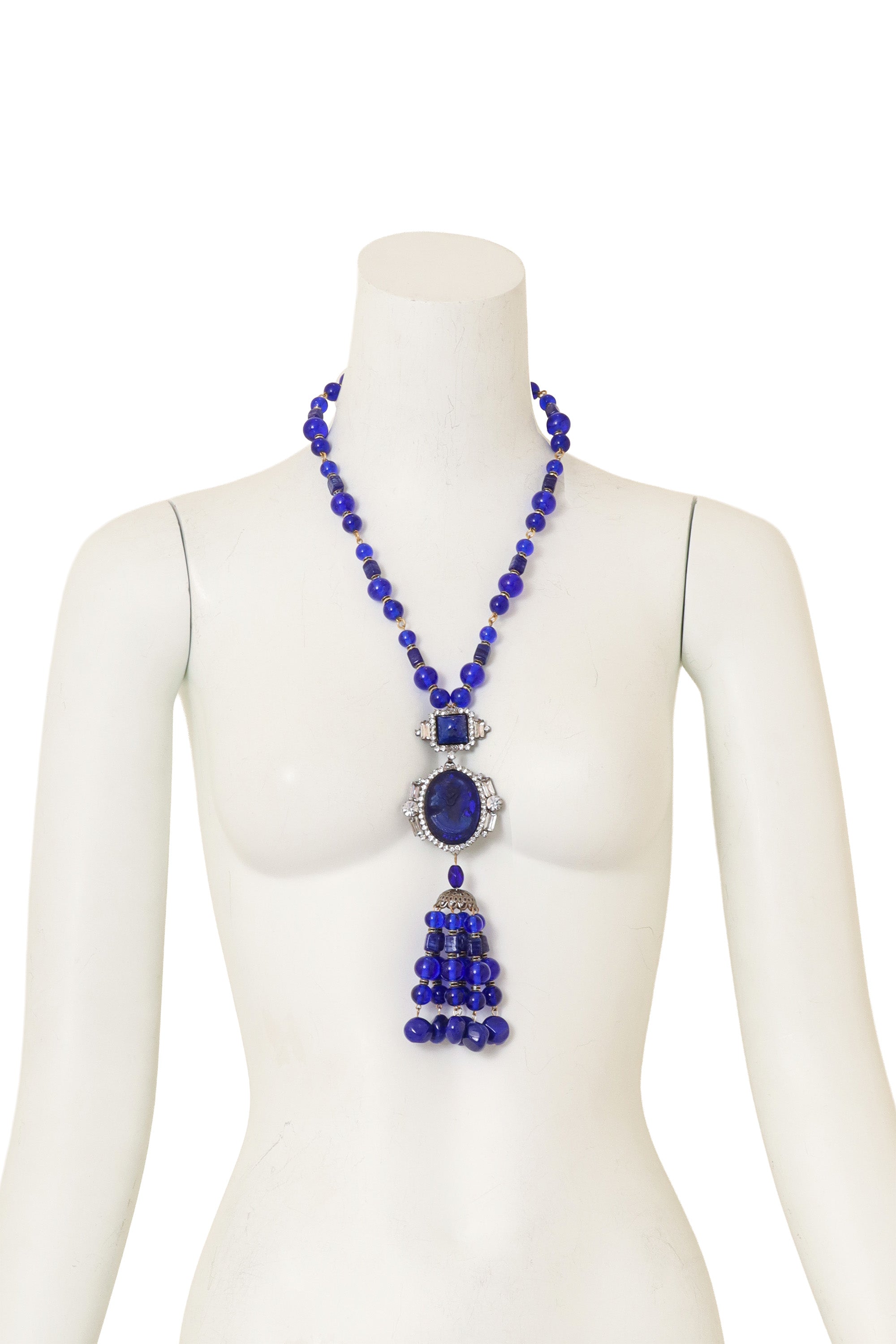 Cobalt Beaded Cameo Necklace by Moans on mannequin @ Recess LA