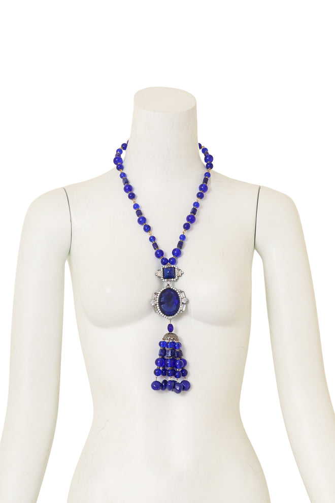 Cobalt Beaded Cameo Necklace by Moans on mannequin @ Recess LA