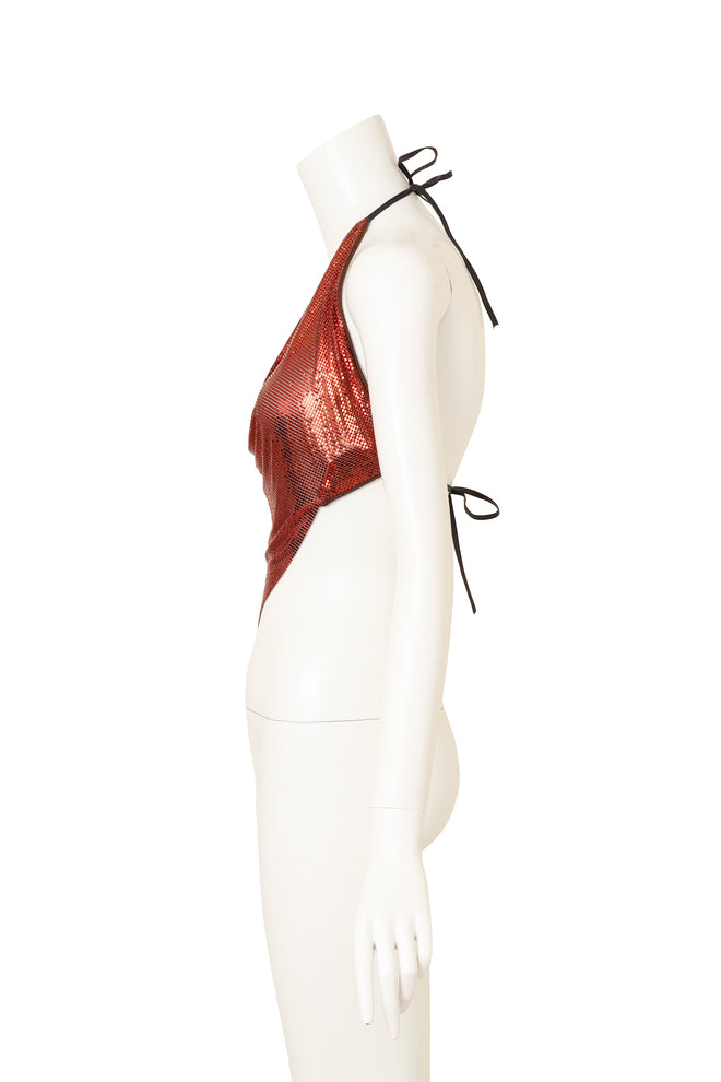 Vintage Ferrara Copper Mesh Halter Top on mannequin side @ Recess LA