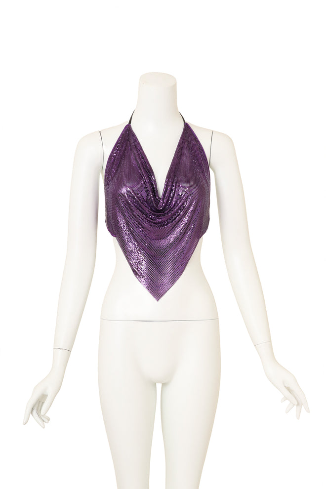 Vintage Ferrara Purple Mesh Halter Top on mannequin @ Recess LA