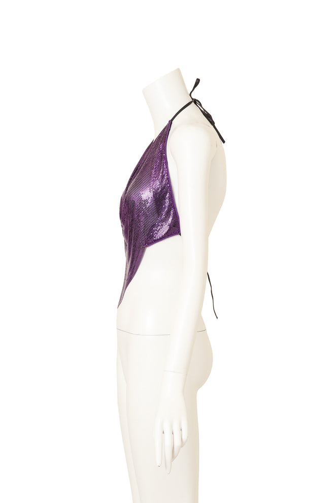Vintage Ferrara Purple Mesh Halter Top on mannequin side @ Recess LA