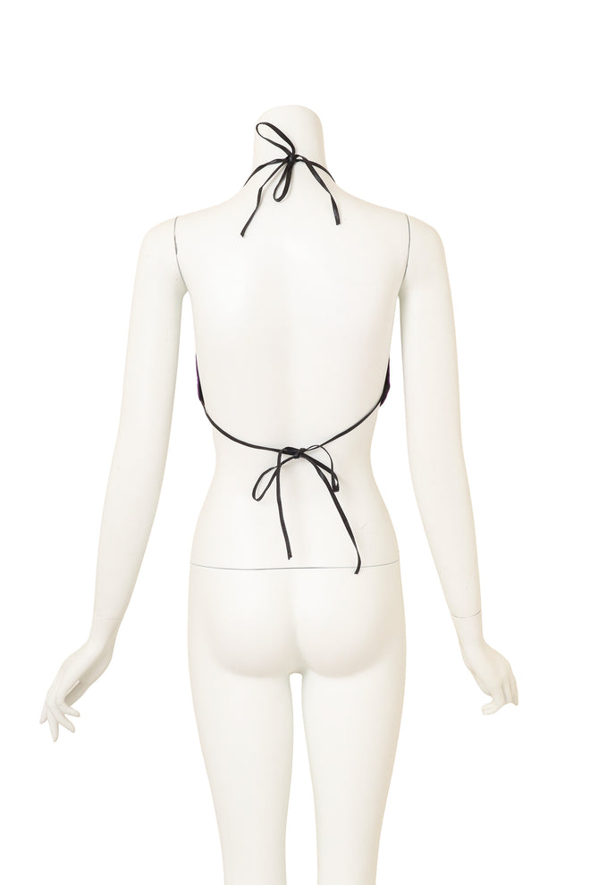 Vintage Ferrara Purple Mesh Halter Top on mannequin back @ Recess LA