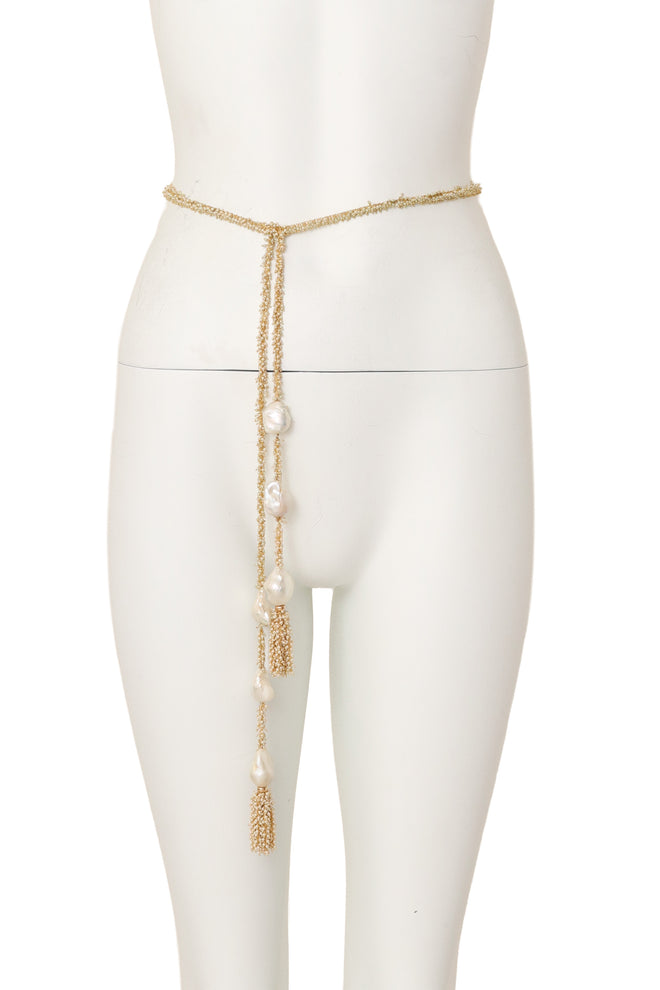 pearl cluster chain lariat necklace on mannequin waist @ Recess LA