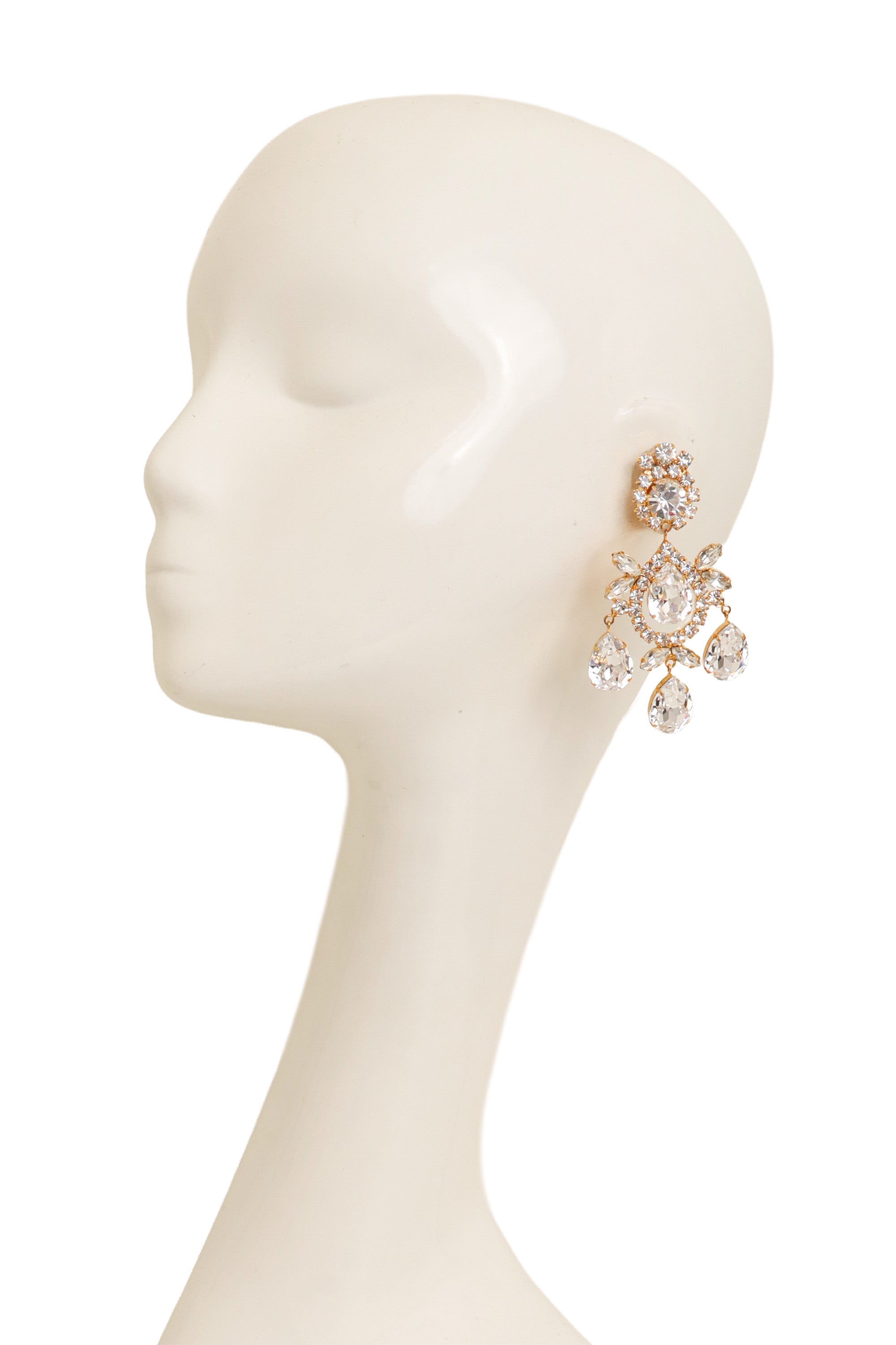Crystal Teardrop Chandelier Earrings by Moans on mannequin @ Recess LA