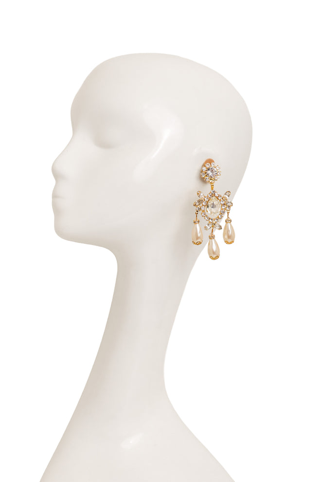 Baroque Crystal Pearl Earrings by Moans on mannequin @ Recess LA