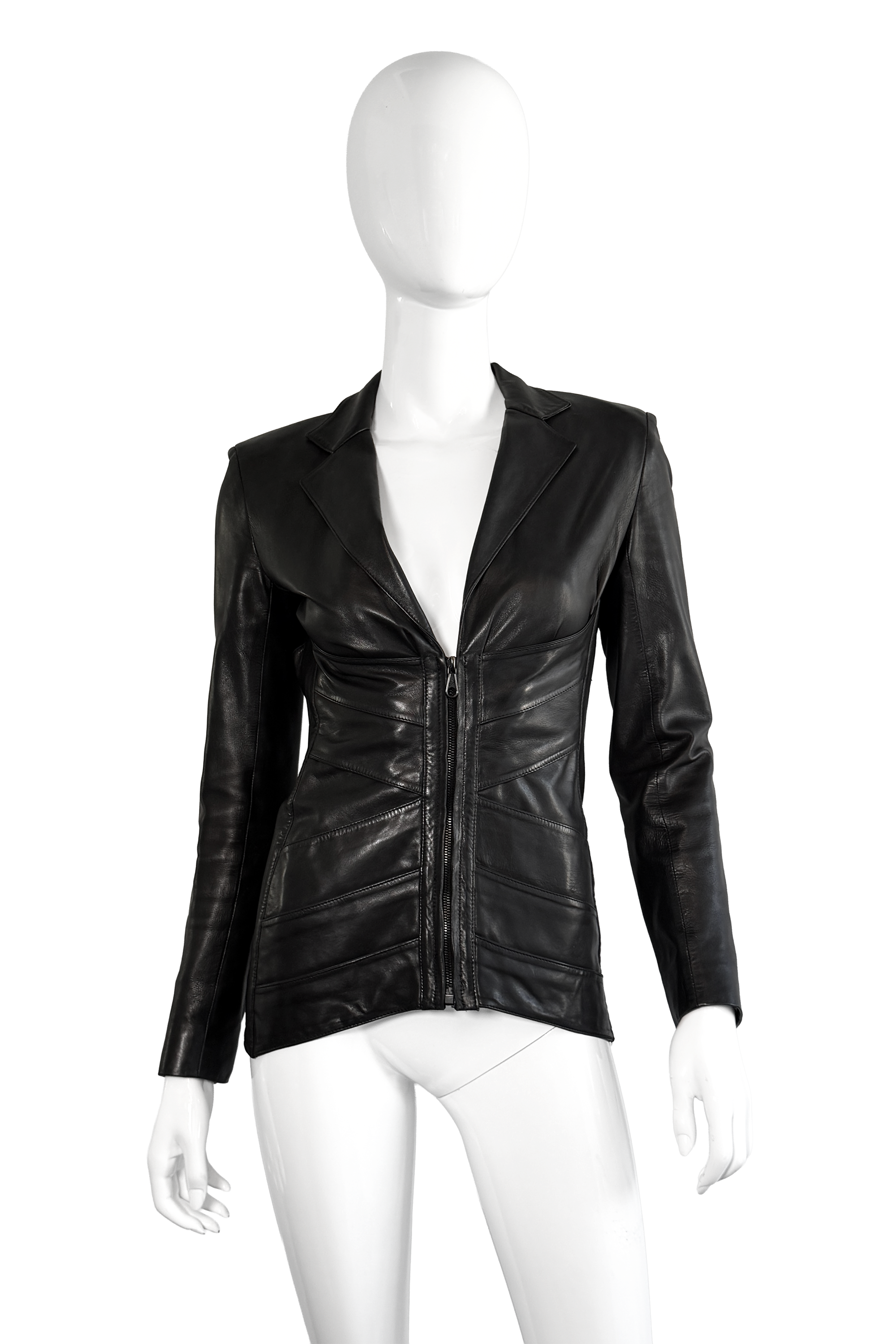 Vintage Jean Paul Gaultier Femme Leather Corset Jacket front on mannequin @recess la