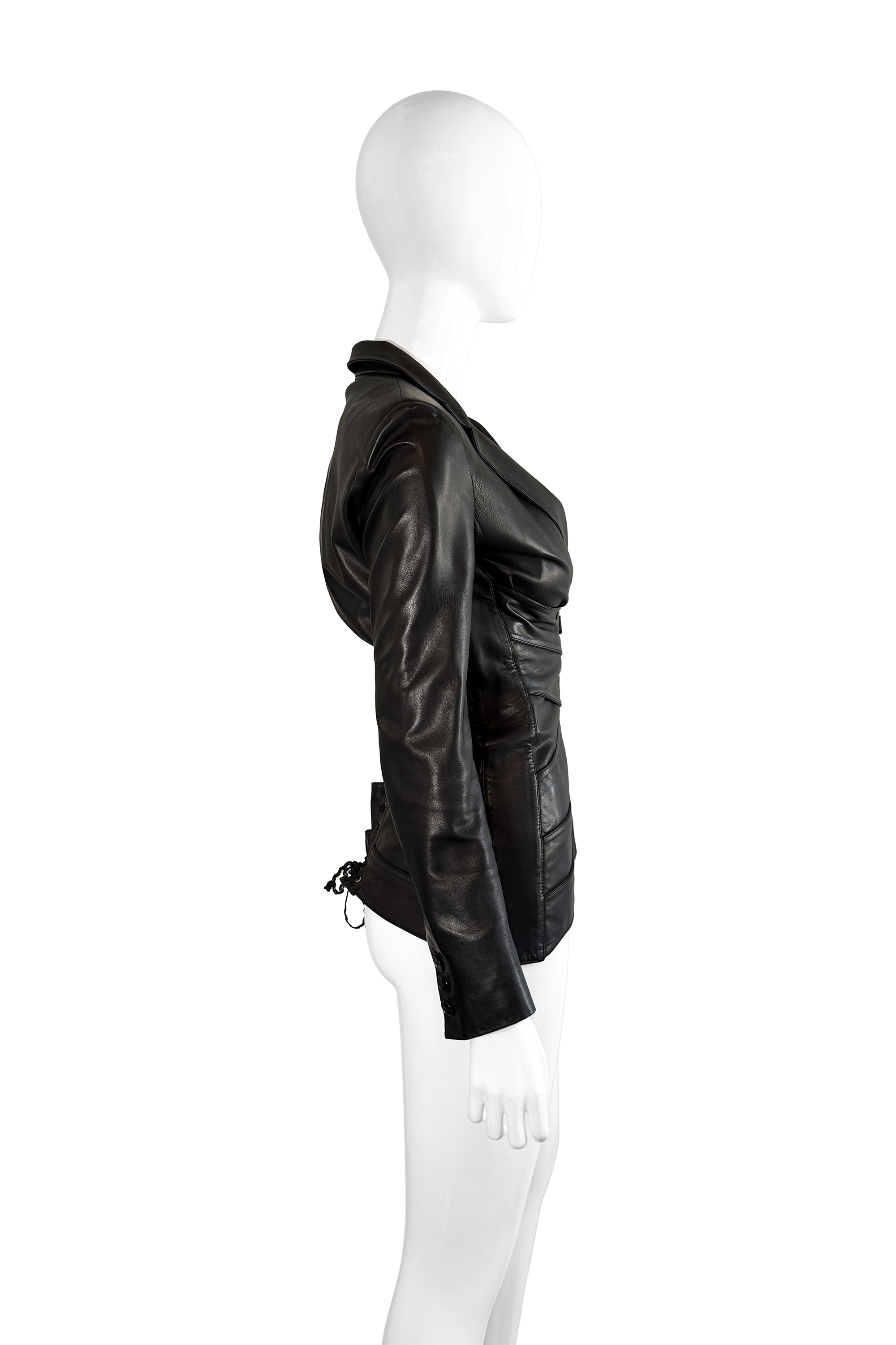 Vintage Jean Paul Gaultier Femme Leather Corset Jacket side on mannequin @recess la