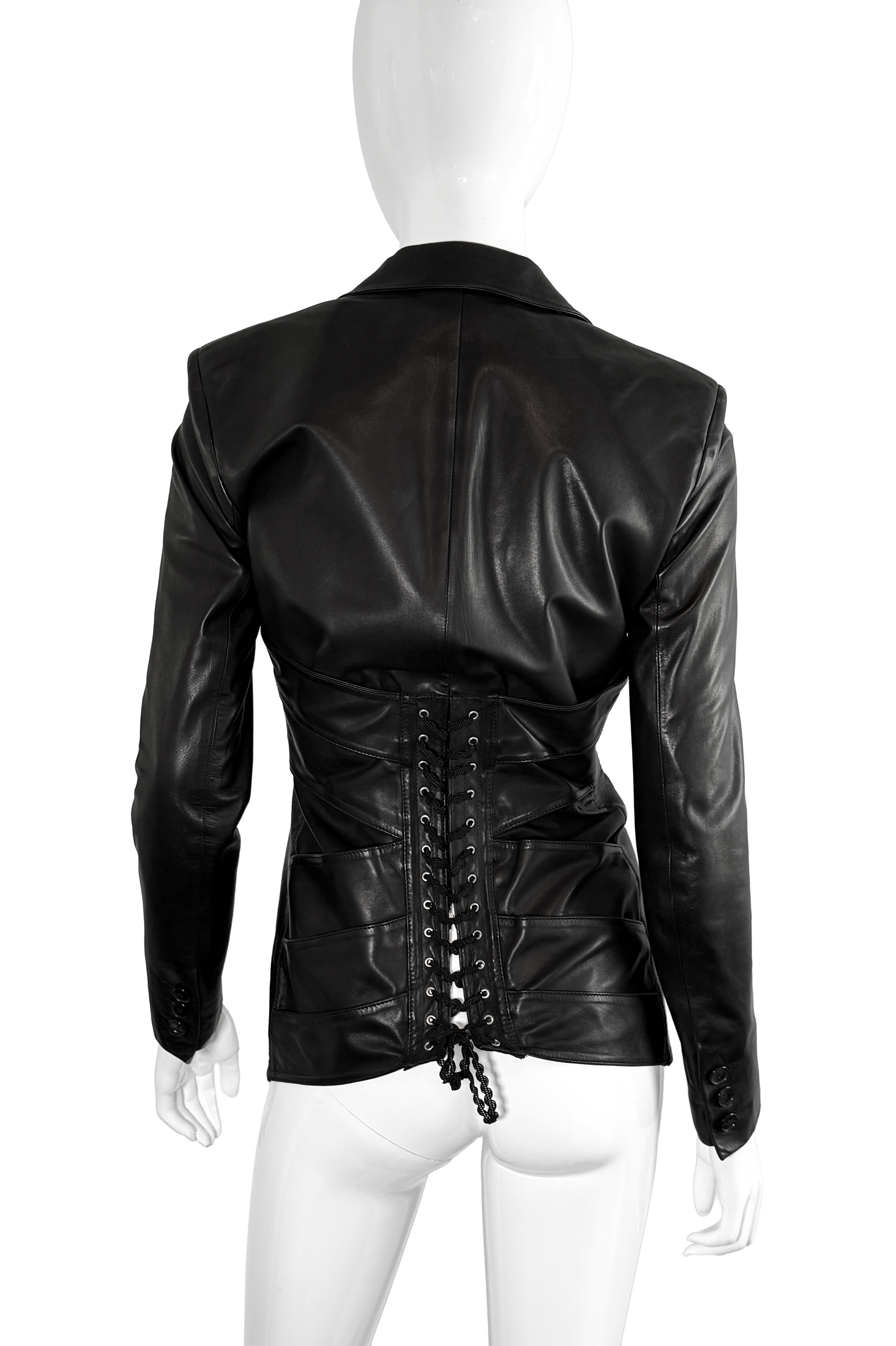 Vintage Jean Paul Gaultier Femme Leather Corset Jacket back on mannequin @recess la