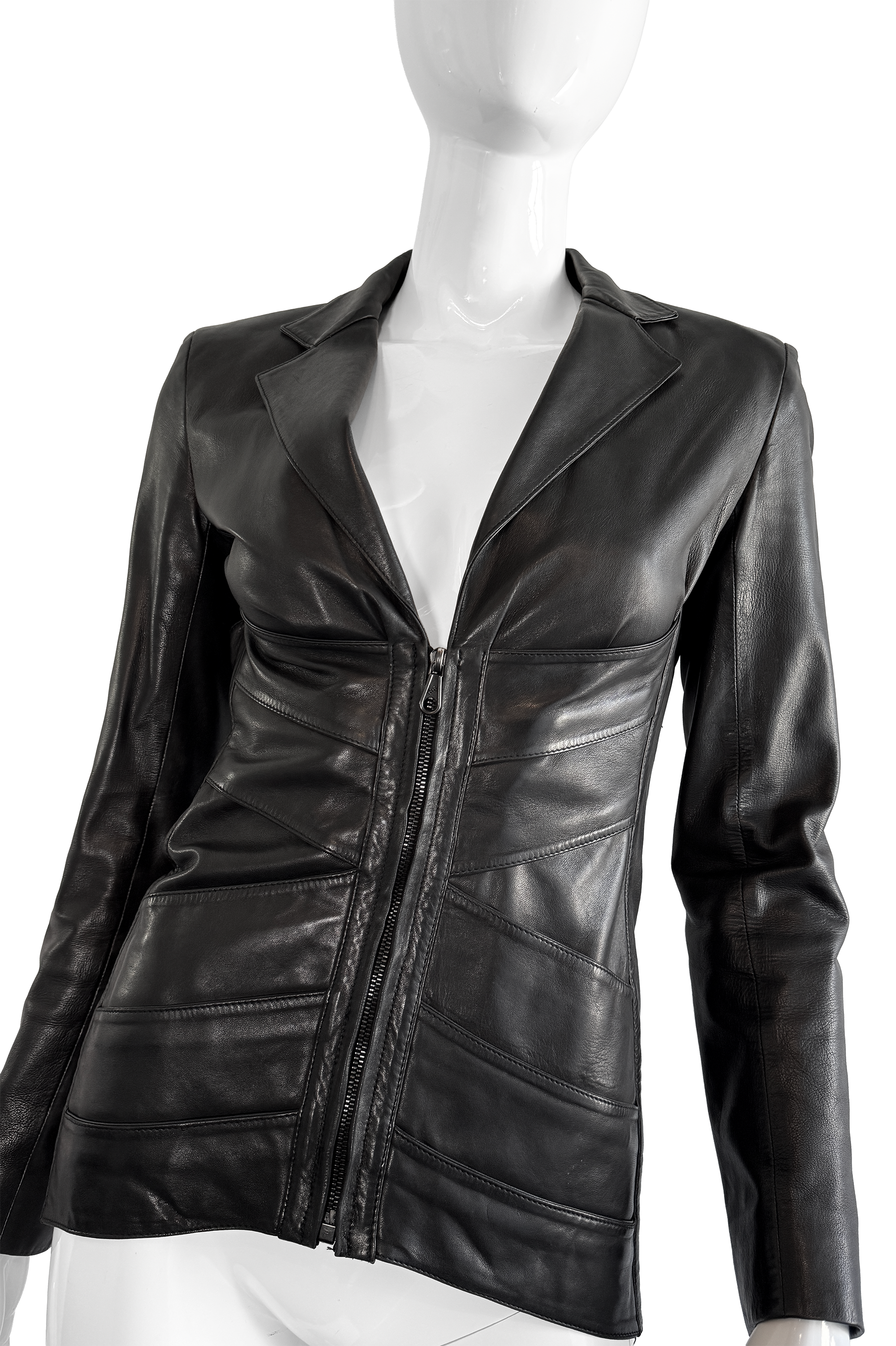 Vintage Jean Paul Gaultier Femme Leather Corset Jacket front on mannequin detail @recess la