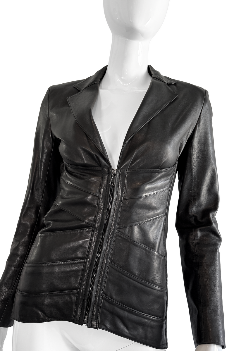 Vintage Jean Paul Gaultier Femme Leather Corset Jacket front on mannequin detail @recess la