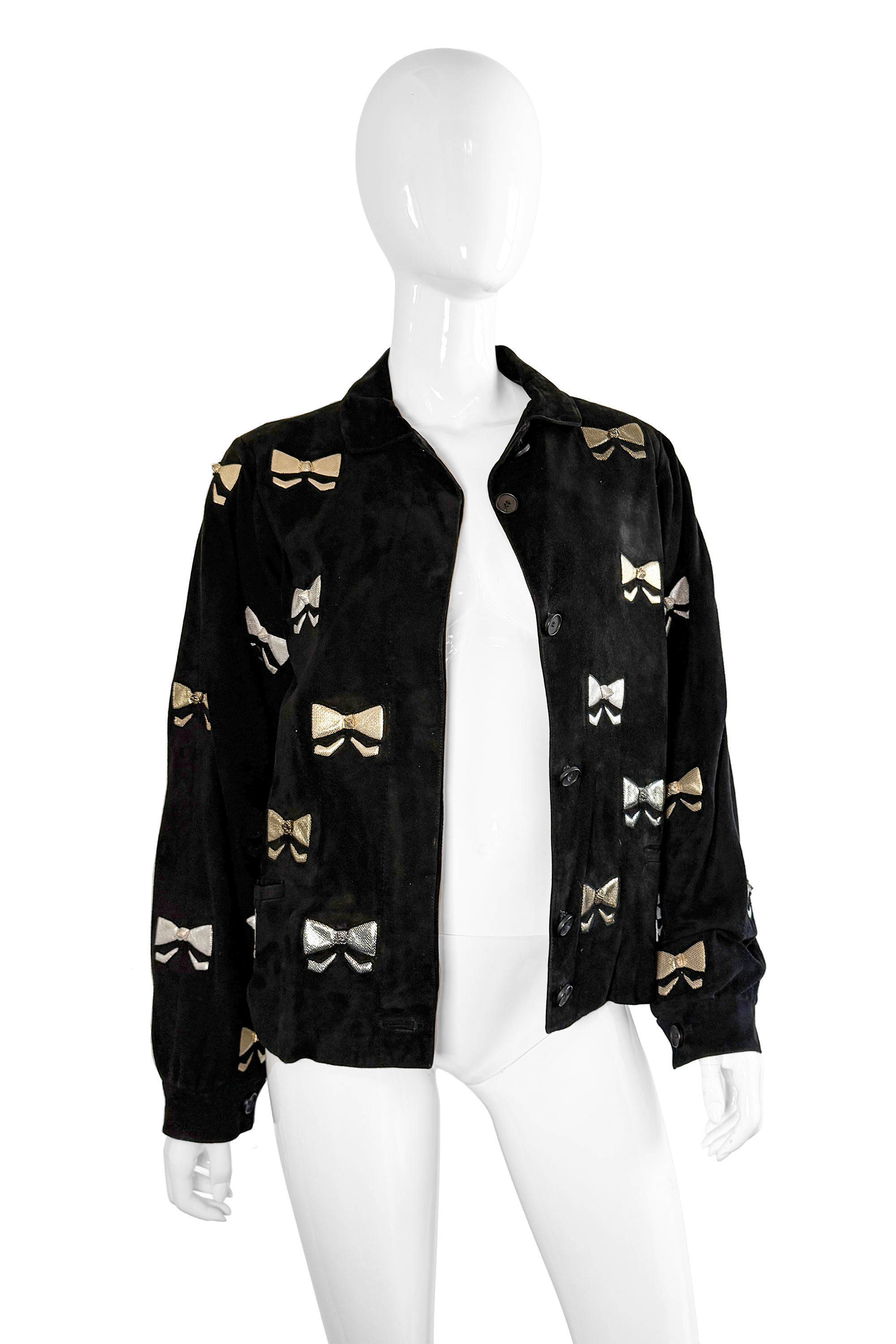 Vintage Andrea Pfister Suede Bow Jacket open front on mannequin @recess la