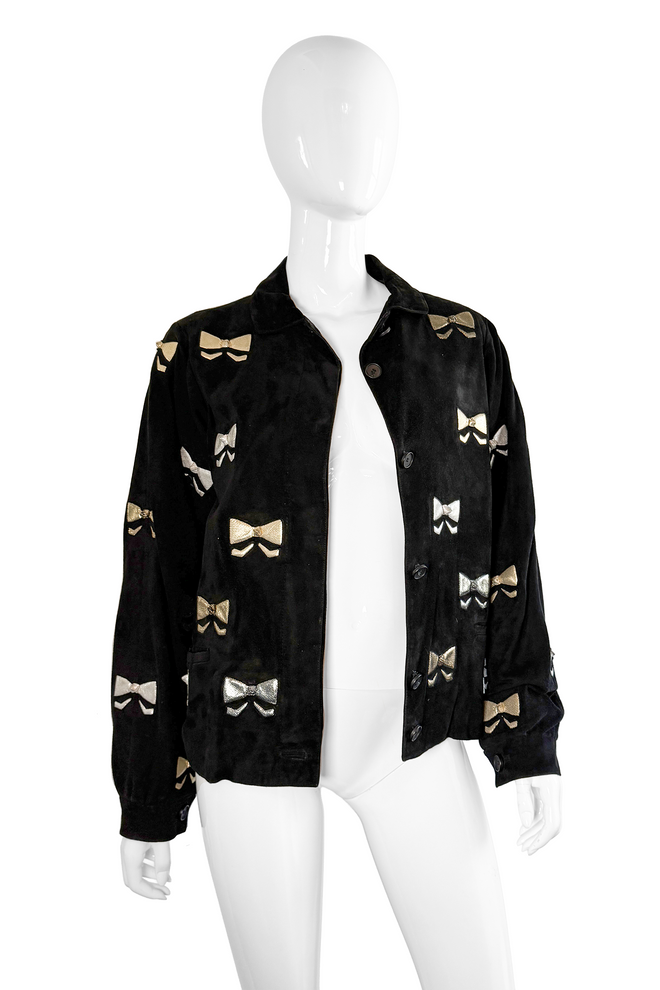 Vintage Andrea Pfister Suede Bow Jacket open front on mannequin @recess la